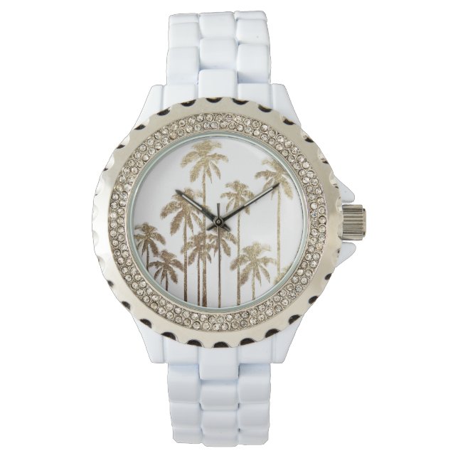 Reloj De Pulsera Glamoroso Oro Tropical Palmeras en Blanco (Anverso)