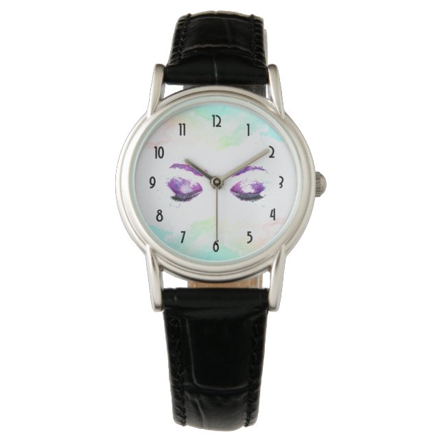 Reloj De Pulsera Glamorosos Ojos Púrpuros y Flores Acuarela (Anverso)