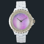 Reloj De Pulsera Glitter de monograma morado destellante guion feme<br><div class="desc">Reloj con monograma de metal con purpurina brillante de lámina de imitación morada. Este es el regalo perfecto para graduación,  cumpleaños,  boda,  despedida de soltera,  aniversario,  baby shower o fiesta de soltera para alguien que ama el lujo glamoroso y los estilos chic.</div>