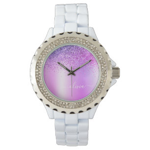 Reloj De Pulsera Glitter de monograma morado Script femenino