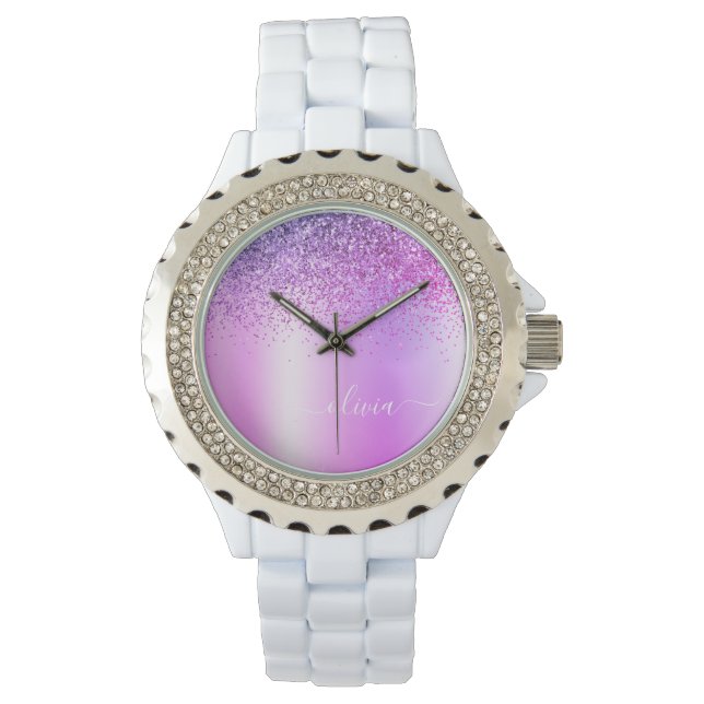 Reloj De Pulsera Glitter de monograma morado Script femenino (Anverso)