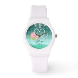 Reloj De Pulsera Glittering Hearts Floral Aqua