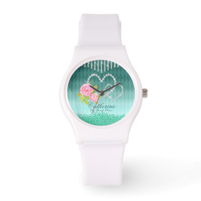 Reloj De Pulsera Glittering Hearts Floral Aqua (Anverso)