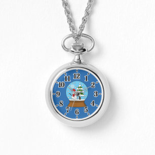 Reloj De Pulsera Globe de nieve con muñeco de nieve y árbol de pino