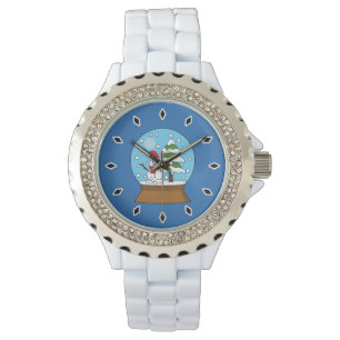 Reloj De Pulsera Globe de nieve con muñeco de nieve y árbol de pino