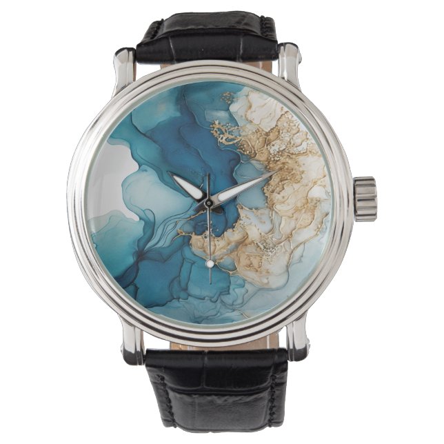 Reloj De Pulsera Gold and Blue alcohol ink grunge pattern 1 (Anverso)
