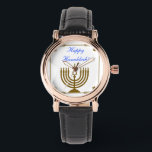 Reloj De Pulsera Gold Menorah<br><div class="desc">Reloj de correa cuadrada de cuero negro perfecto para mujeres con una imagen de una menorah de oro en un marco dorado con estrellas de David de oro, y sentimiento opcional de vacaciones. Vea el botón cuadrado coincidente, el encanto cuadrado y la cadena de teclas acrílicas cuadradas de doble cara....</div>
