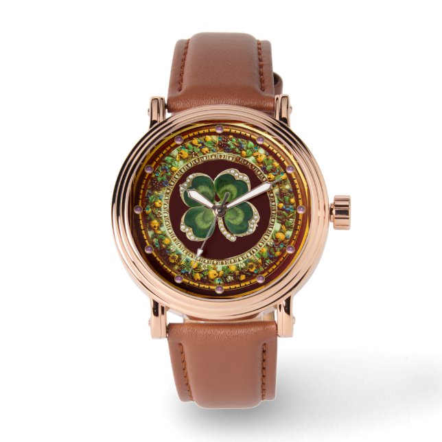 Reloj De Pulsera Gold Saint Patrick Shamrock Jewel con Perlas (Anverso)