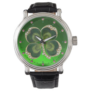 Reloj De Pulsera Gold Saint Patrick Shamrock Jewel con Perlas