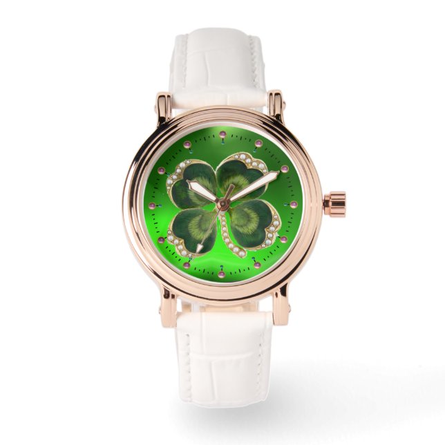 Reloj De Pulsera Gold Saint Patrick Shamrock Jewel con Perlas (Anverso)