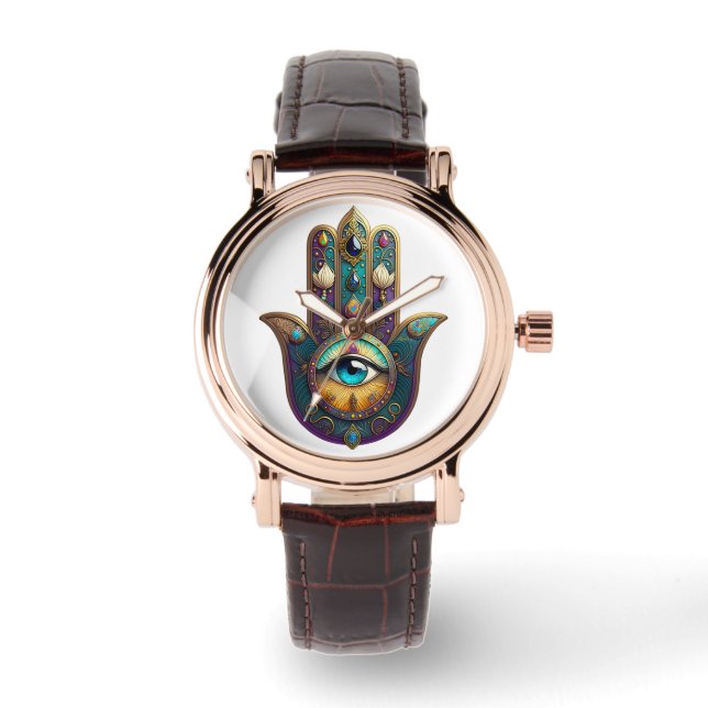 Reloj De Pulsera Gold Violet Teal Hamsa w/ Turquoise Third Eye (Anverso)