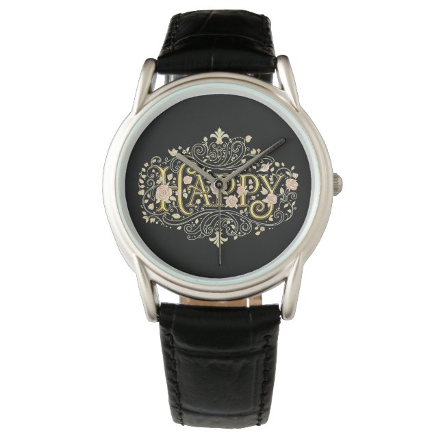 Reloj De Pulsera Golden Bliss: Elegant Floral Happy (Anverso)