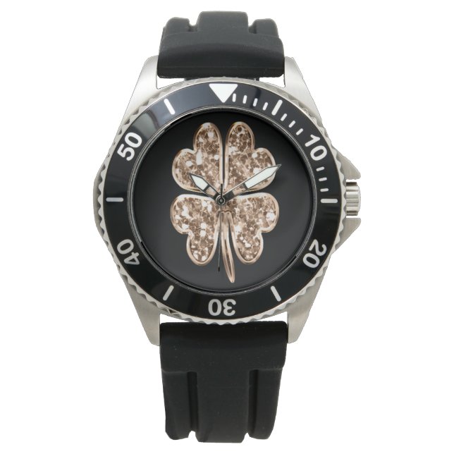 Reloj De Pulsera Golden Four Leaf Clover Elegant Faux Gold Moderno (Anverso)