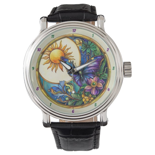 Reloj De Pulsera Golden Harvest Stained Glass Sunflower Butterfly (Anverso)