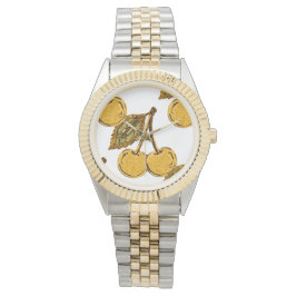 Reloj De Pulsera Golden Metallic Cherries Pattern