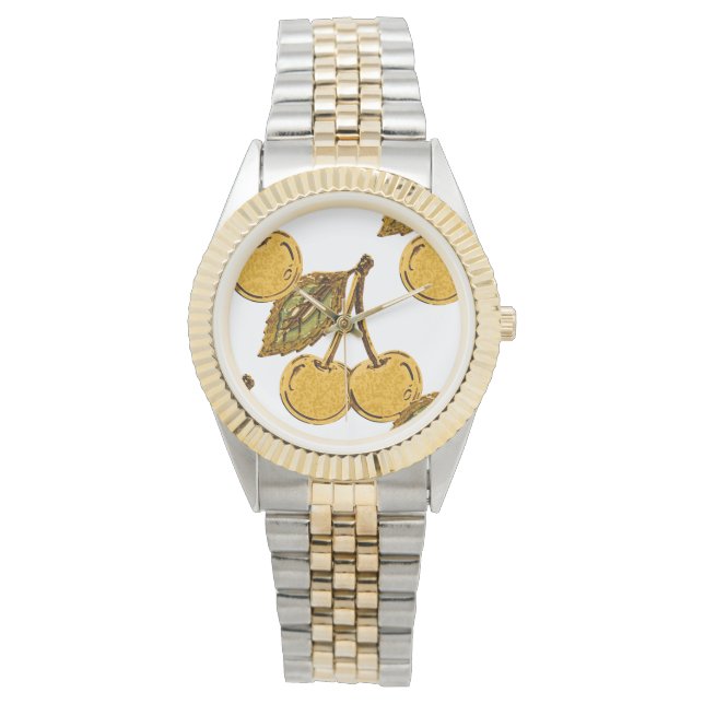 Reloj De Pulsera Golden Metallic Cherries Pattern (Anverso)