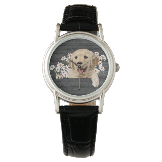 Reloj De Pulsera Golden Retriever con dásidos en madera (Anverso)
