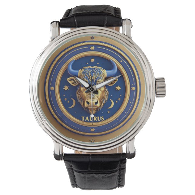 Reloj De Pulsera Golden Taurus Bull In Cosmic Zodiac Circle (Anverso)