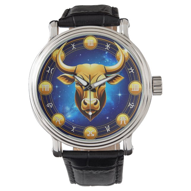 Reloj De Pulsera Golden Taurus Bull In Cosmic Zodiac Circle (Anverso)