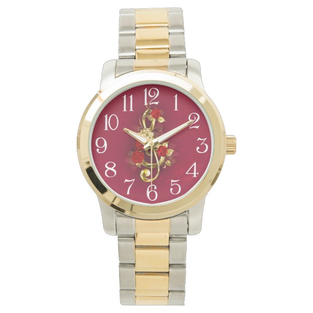 Reloj De Pulsera Golden Treble Clef con flores Rosas (Anverso)