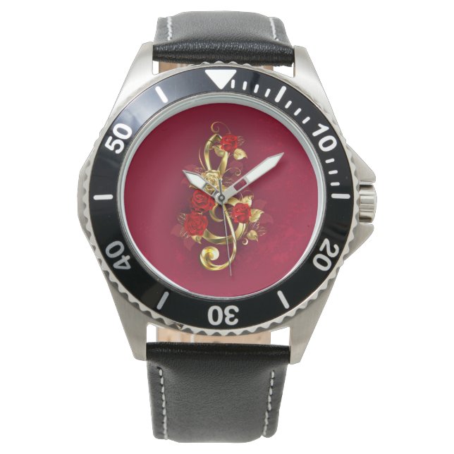 Reloj De Pulsera Golden Treble Clef con flores Rosas (Anverso)