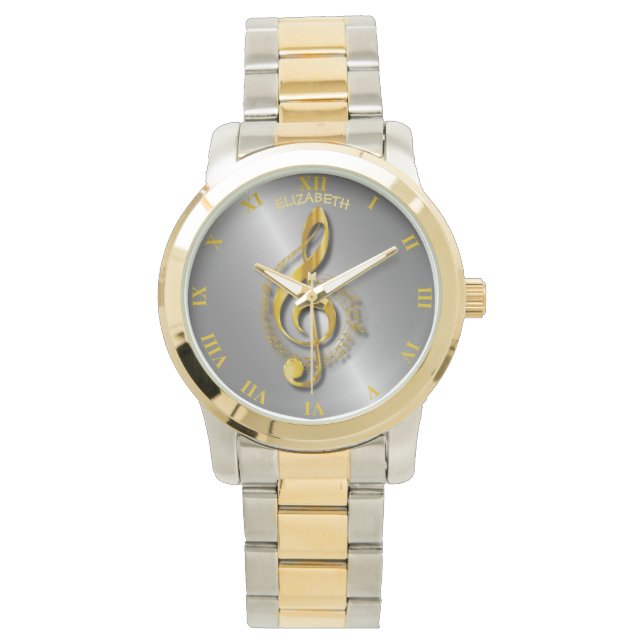 Reloj De Pulsera Golden Treble Clef Con Notas Y Sombras (Anverso)