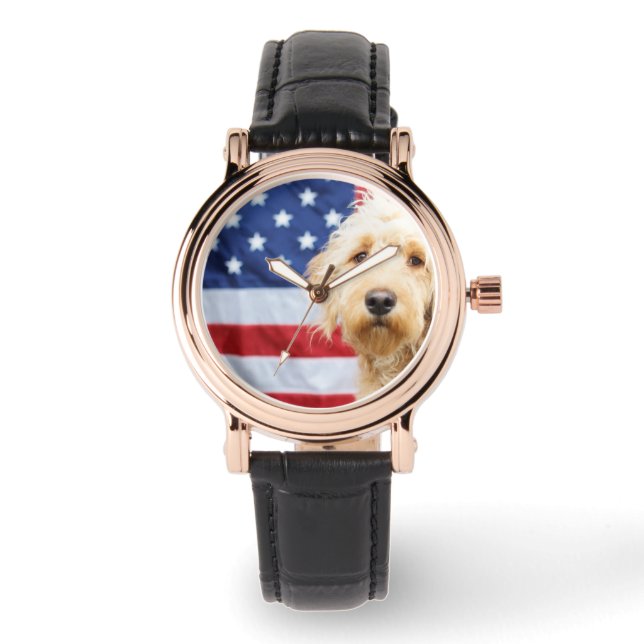 Reloj De Pulsera Goldendoodle con bandera estadounidense (Anverso)