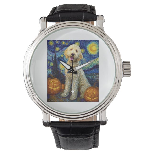 Reloj De Pulsera Goldendoodle Perro Lindo Halloween Jack O Lantern  (Anverso)