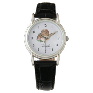 Reloj De Pulsera Gorra marrón de vaca con flores rosadas