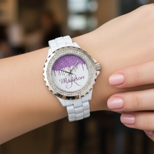 Reloj De Pulsera Gotas de purpurina de monograma morado