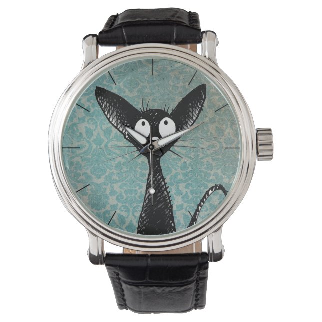 Reloj De Pulsera Gracioso arte negro de gato en Damask azul (Anverso)