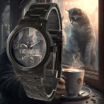 Reloj De Pulsera Gracioso café de cataratas<br><div class="desc">Reloj artístico con una pintura de un gato gruñón tomando café. Añade tus propios textos divertidos o de otro tipo.</div>