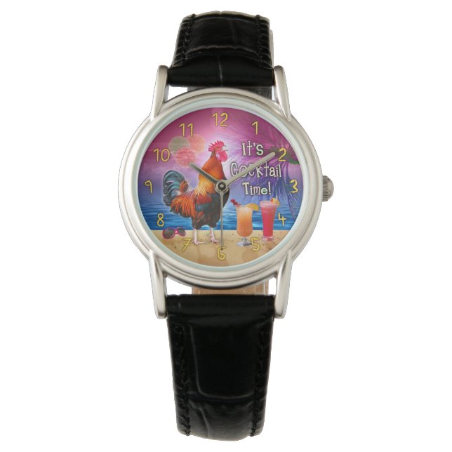 Reloj De Pulsera Gracioso gallo que bebe el mar tropical de playa (Anverso)