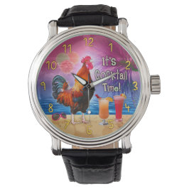 Reloj De Pulsera Gracioso gallo que bebe el mar tropical de playa