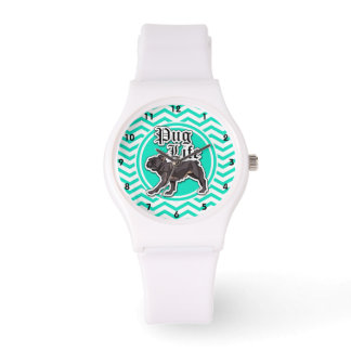 Reloj De Pulsera Gracioso Pug; Aqua Chevron