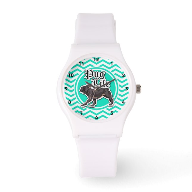 Reloj De Pulsera Gracioso Pug; Aqua Chevron (Anverso)