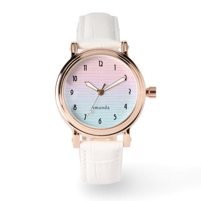 Reloj De Pulsera Gradiente rosa azul pastel con líneas de oro (Anverso)