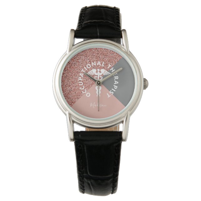 Reloj De Pulsera Graduado Terapéutico Ocupacional Rosa Nombre Oro (Anverso)