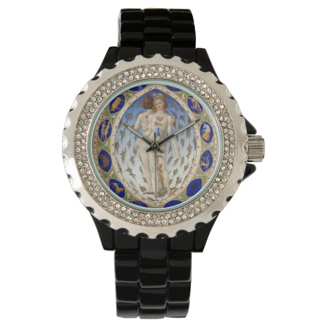 RELOJ DE PULSERA GRÁFICO DE ASTROLOGÍA ANTIGUA Y RÓTULOS ZODIACALES (Anverso)