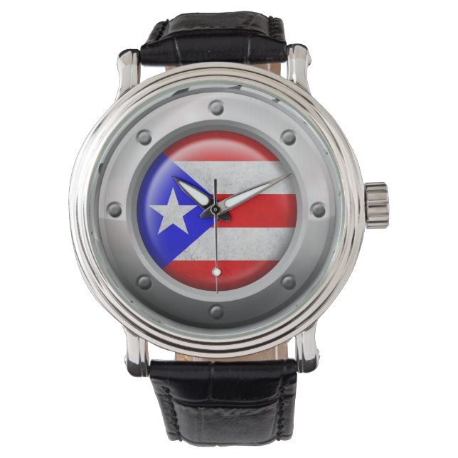 Reloj De Pulsera Gráfico industrial de acero de bandera puertorriqu (Anverso)