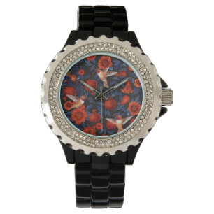 Reloj De Pulsera Granadas y colibríes/hojas azules en negro