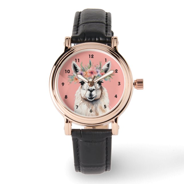 Reloj De Pulsera Granja Zen Floral Llama Caprichosa Rosa (Anverso)