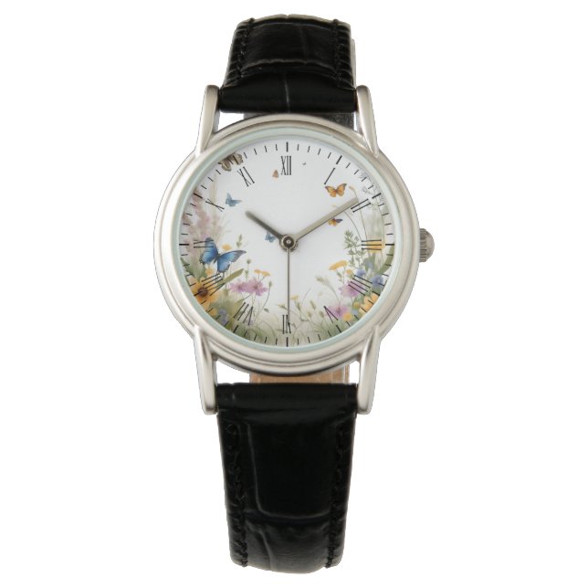 Reloj De Pulsera Grasas Y Mariposas De Flores Silvestres De Acuarel (Anverso)