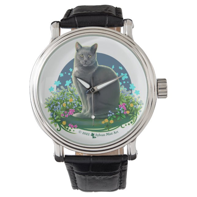 Reloj De Pulsera Gray Cat in the Flower Garden (Anverso)
