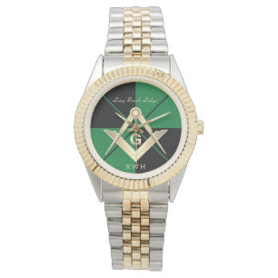 Reloj De Pulsera Green Pattern Monograma Masonic Lodge Watch