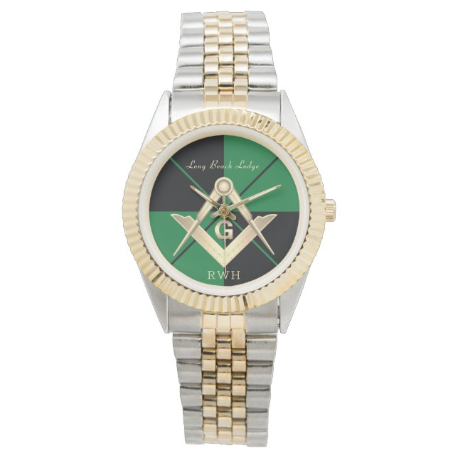 Reloj De Pulsera Green Pattern Monograma Masonic Lodge Watch (Anverso)