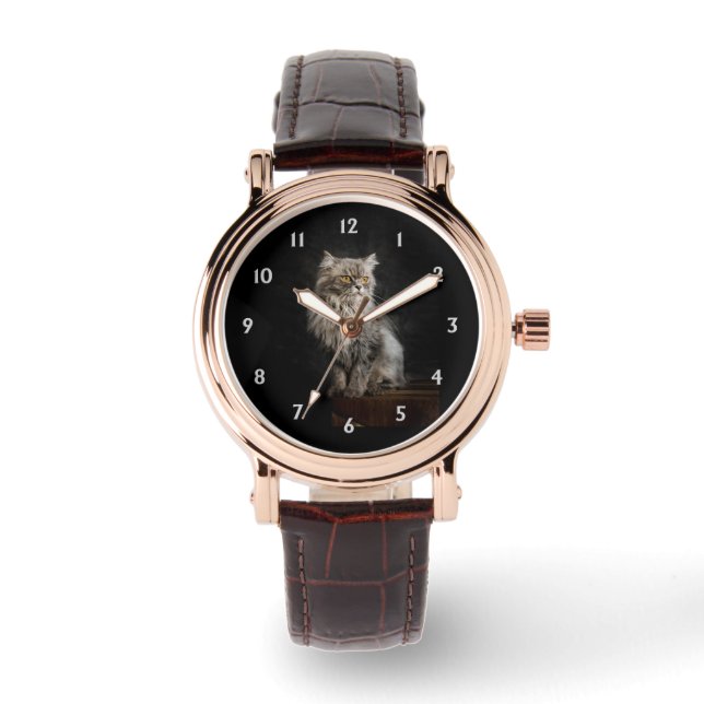 Reloj De Pulsera Gris Fluffy Cat Números blancos (Anverso)