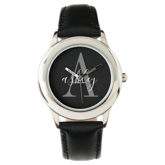 Reloj De Pulsera Gris negro simple, monograma personalizado (Anverso)