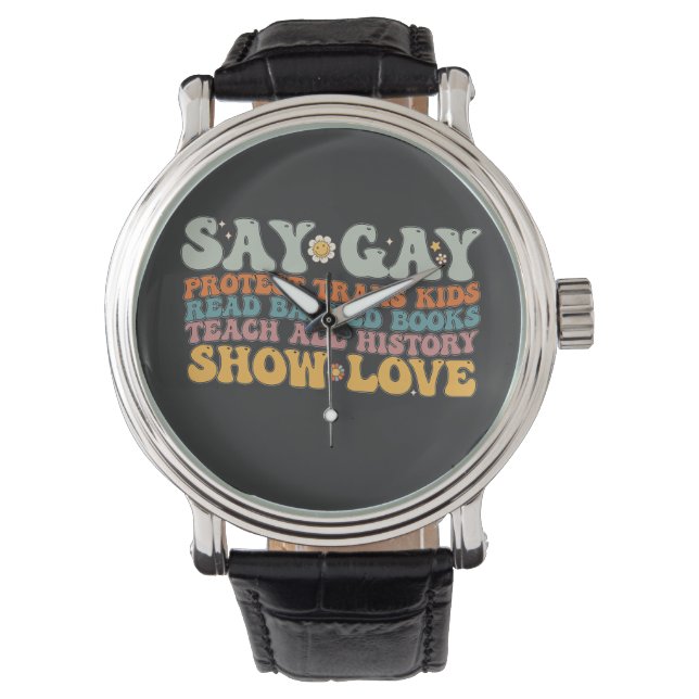 Reloj De Pulsera Groovy LGBT dice Gay Protect Trans Kids Leer libro (Anverso)