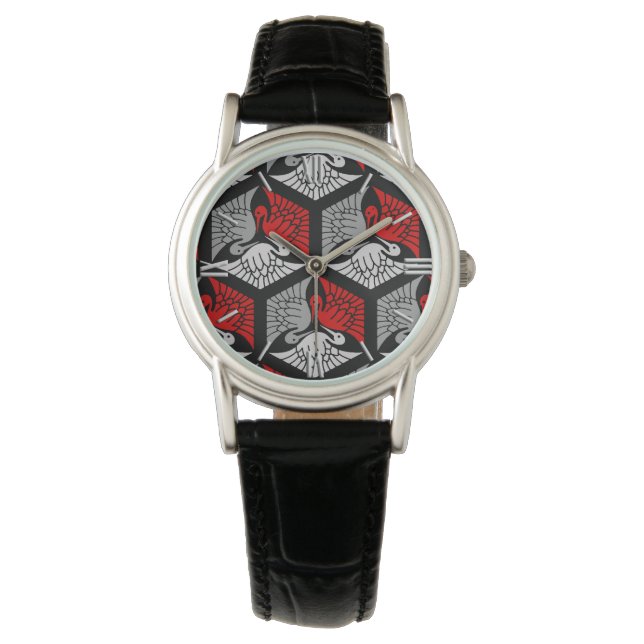 Reloj De Pulsera Grullas japonesas, rojas, grises, grises y negros (Anverso)
